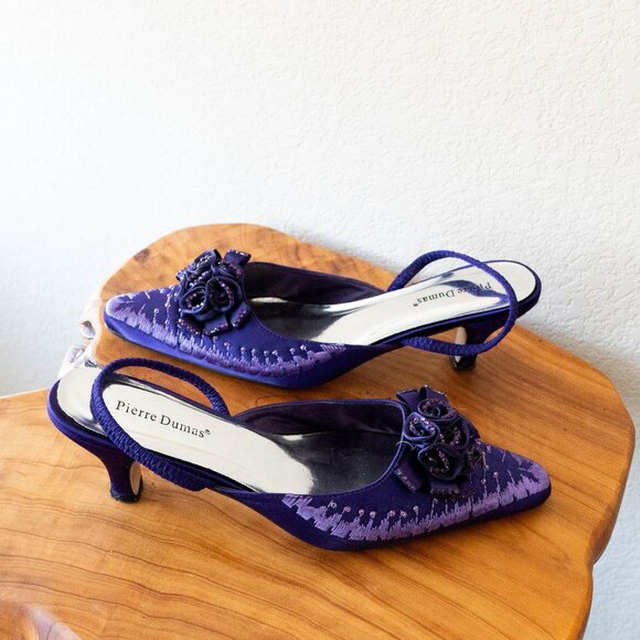 Pierre Dumas Purple Slingback Kitten Heels Size 11 Beaded Floral Cocktail Shoes - Picture 8 of 9